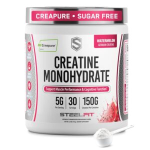Authentic SteelFit Creatine Monohydrate Powder in watermelon flavor, 5g per serving, 30 servings, sugar-free.