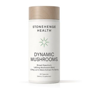 100% Genuine Stonehenge Health Dynamic Mushrooms, 60 capsules featuring a broad-spectrum mushroom blend.