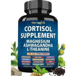 StrongVit Cortisol Supplements with magnesium, ashwagandha, and L-theanine. 100% genuine dietary capsules for stress relief.
