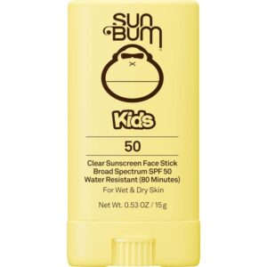 100% Genuine Sun Bum Kids SPF 50 sunscreen stick, water-resistant for 80 minutes, perfect for wet and dry skin.