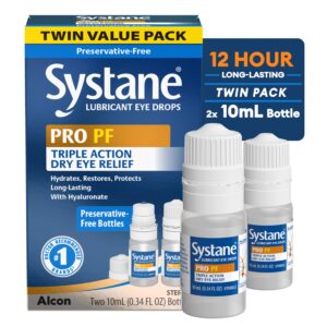 Systane PRO Lubricating Eye Drops offer premium imported eye relief. This twin pack includes two 10ml bottles for long-lasting hydration. Available at Curat Cart.