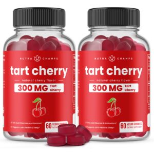 Authentic Nutra Champs Tart Cherry Gummies, 300 MG, support joint health and sleep, 100% vegan, 60 gummies per jar.