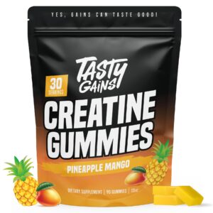TASTY GAINS Creatine Gummies in pineapple mango flavor, 100% genuine dietary supplement, 90 gummies per pack.