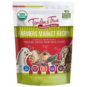 Tender & True Farmers Market Recipe is a premium imported freeze-dried raw dog food featuring organic ingredients. Available at Curat Cart.