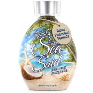 Experience the premium imported ‘That's What Sea Said’ tanning lotion, featuring tattoo protection for an extreme dark tan. Available at Curat Cart.