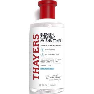 Authentic Thayers Blemish Clearing Toner, 12 FL OZ, features salicylic acid and hyaluronic acid for acne-prone skin.