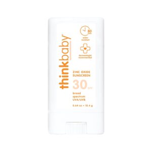 Thinkbaby Mineral Sunscreen Stick offers 30 SPF protection, is dermatologically recommended, and water-resistant for 80 minutes.