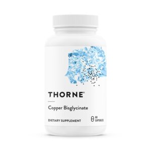 Authentic Thorne Copper Bisglycinate supplement, 60 capsules in a sleek white bottle, supports overall wellness.