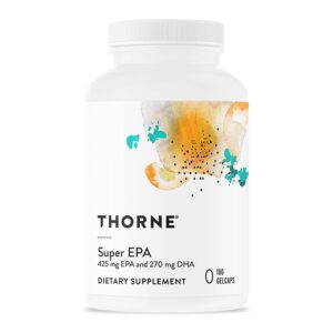 100% Genuine Thorne Super EPA Omega-3 Supplement with 425 mg EPA and 270 mg DHA in a sleek, vibrant bottle.