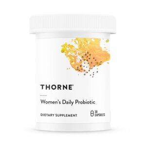 100% Genuine THORNE Women's Daily Probiotic, a dietary supplement in a stylish container with vibrant design.