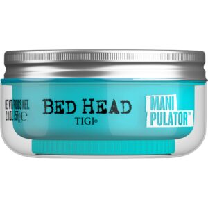 100% Genuine TIGI Bed Head Manipulator Putty in a clear jar, perfect for creating textured hairstyles and defining looks.