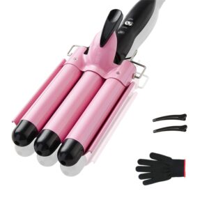 TOP4EVER 3 Barrel Curling Iron in pink, includes heat-resistant glove and hair clips. 100% genuine styling tool for beautiful curls.