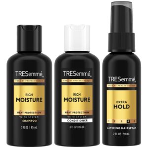 Elevate your hair care routine with TRESemmé Rich Moisture Shampoo, Conditioner, and Extra Hold Hairspray, a premium import available at Curat Cart.