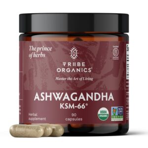 TRIBE ORGANICS Ashwagandha Supplement in a premium imported jar, featuring 90 vegan capsules for holistic wellness. Available at Curat Cart.
