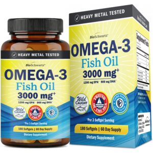 Triple strength Omega-3 Fish Oil 3000 mg from CuratCart. Heavy metal tested, 180 softgels, wild-caught fish sourced.