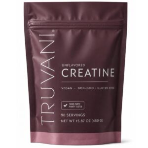 Truvani Creatine Monohydrate Powder in premium imported packaging, vegan, non-GMO, and gluten-free. Available at Curat Cart.