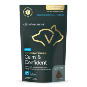 VETRISCIENCE Calm & Confident Chews, premium imported calming chews for dogs and cats, available at Curat Cart.