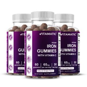 Discover Vitamatic Iron Gummies with Vitamin C, 100% genuine, in a natural grape flavor for your daily health boost.