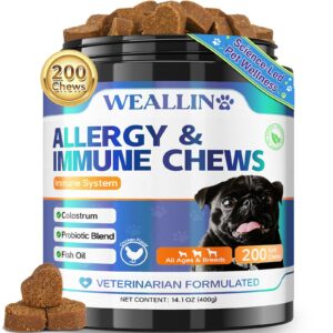WEALLIN Dog Allergy Chews, a premium imported solution for immune support, featuring colostrum and probiotics. Available at Curat Cart.