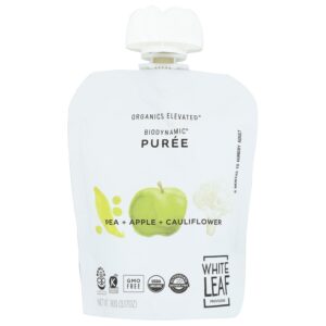 Discover White Leaf Baby Food Puree, a premium import featuring organic peas, apples, and cauliflower. Available at Curat Cart.