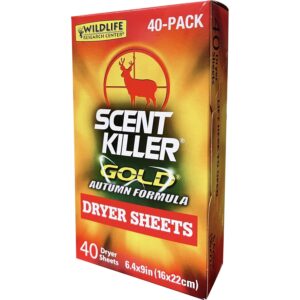 Premium import Wildlife Research Center Scent Killer Gold dryer sheets, 40-pack, ideal for scent control. Available at Curat Cart.