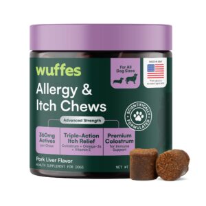 Wuffes Dog Allergy Chews provide triple-action itch relief, premium imported formula for all dog sizes, available at Curat Cart.