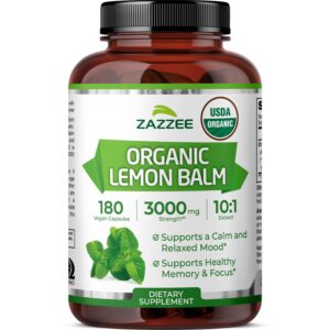 Zazzee Organic Lemon Balm Extract in a premium imported 180-capsule bottle, supports calm mood and memory. Available at Curat Cart.